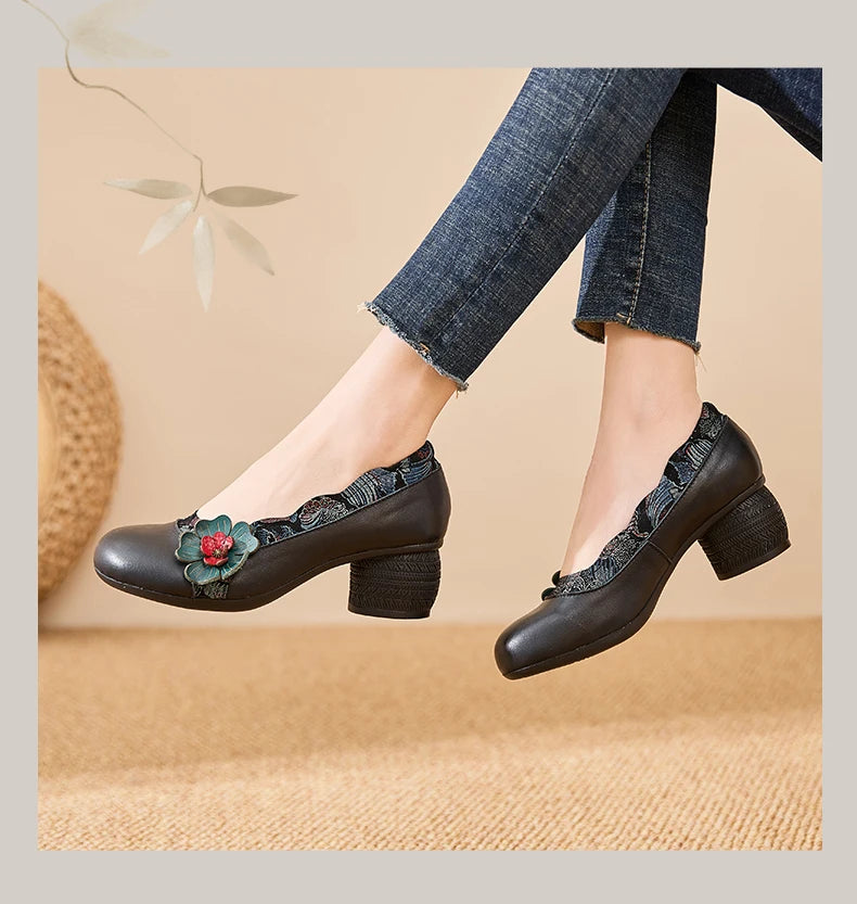 Spring Flower Genuine Cow Leather Shoes | Women Shoes Elegant Fashion Shoes
| Woman Retro Handmade Shoes High Heels