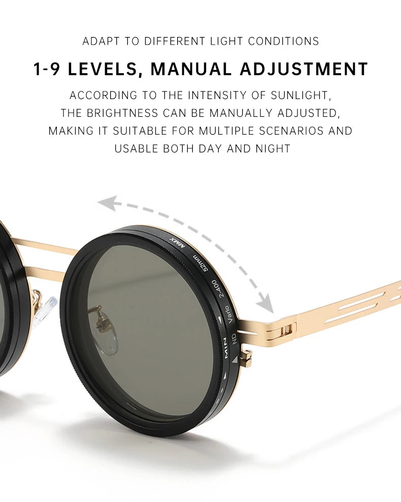 Small Round Steampunk ND9 Adjustable Dimming Sunglasses Polarized Metal Frame Punk Sun Glasses Fishing Eyewear UV400