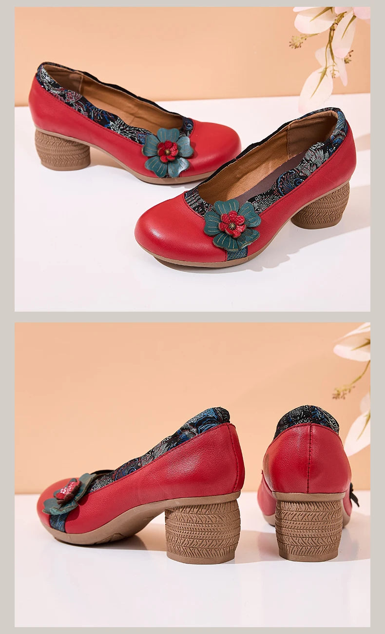 Spring Flower Genuine Cow Leather Shoes | Women Shoes Elegant Fashion Shoes
| Woman Retro Handmade Shoes High Heels