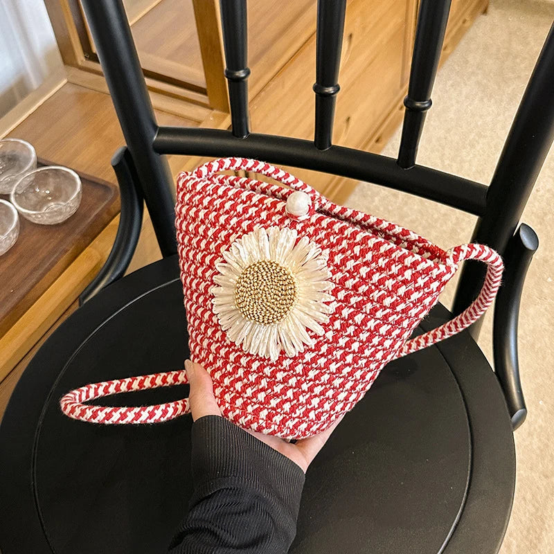 Trendy Woven Crochet Basket Bag | Women Cotton Thread Boho Bag | Crossbody Casual Summer Shoulder Bag