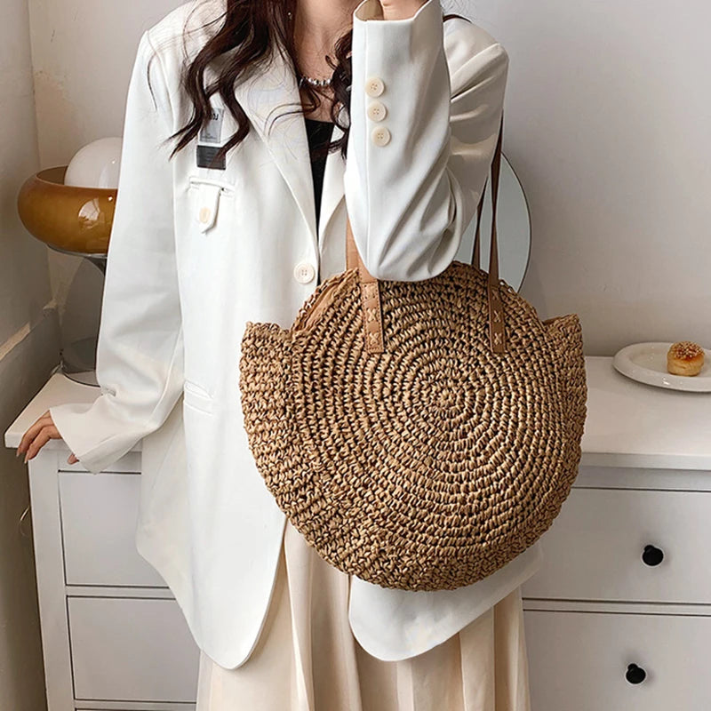 Hollow Woven Straw Bag | Round Shoulder Bag | Large Capacity Simple Round Woven Beach Bag