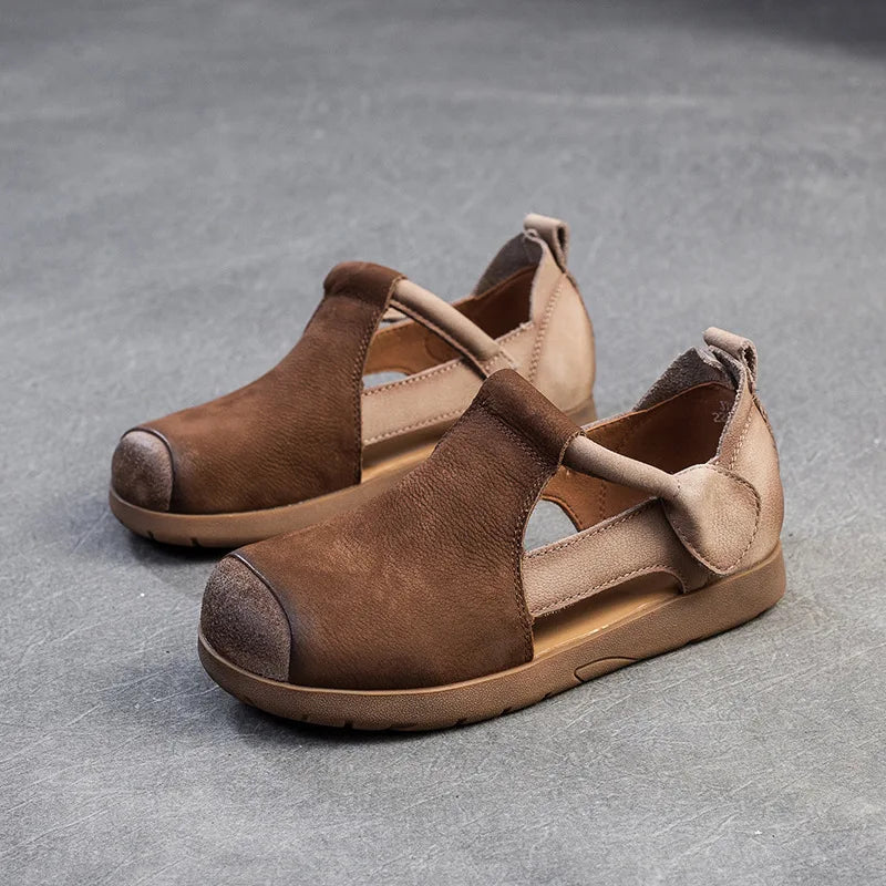 New Genuine Leather Sandals | Round Toe Hollow Retro Style Women's Shoes