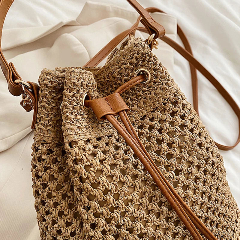 Woven Straw Bag Ladies Bucket Crossbody Bag | Summer Beach Bag Retro Travel Shoulder Bags | Small Travel Purse and Handbag For Women |