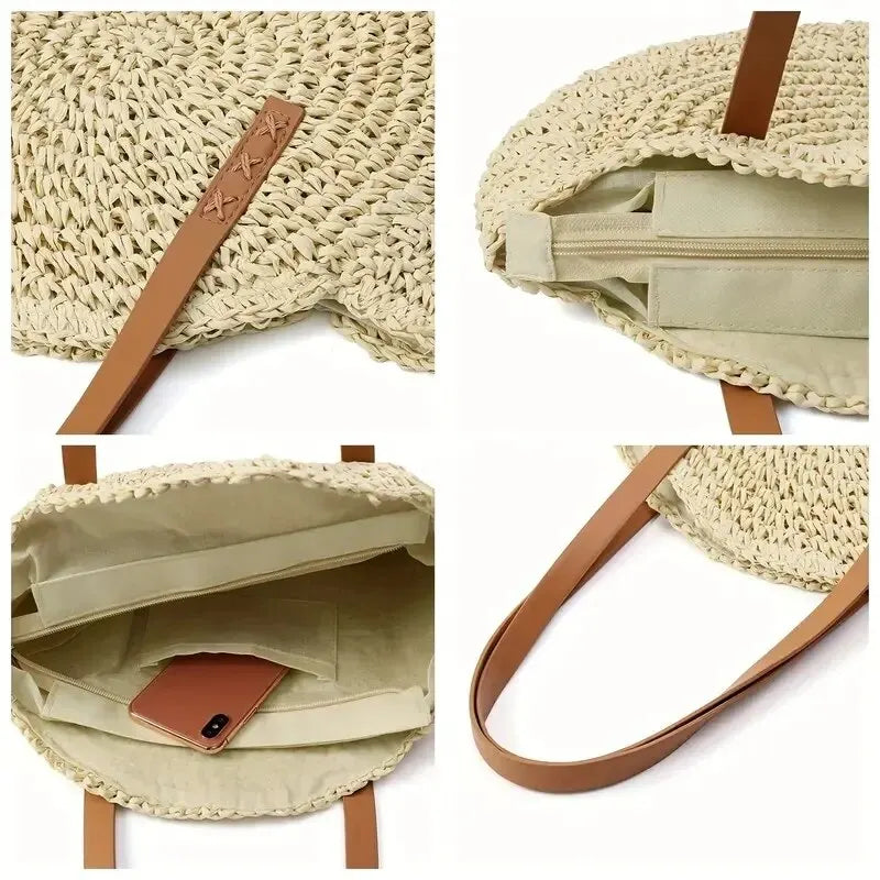 Hollow Woven Straw Bag | Round Shoulder Bag | Large Capacity Simple Round Woven Beach Bag