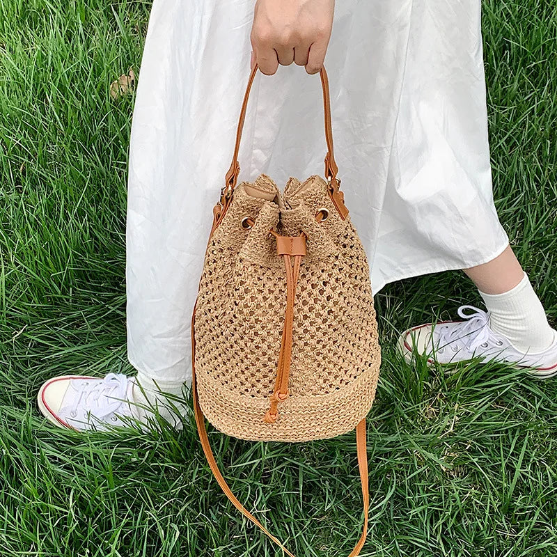 Woven Straw Bag Ladies Bucket Crossbody Bag | Summer Beach Bag Retro Travel Shoulder Bags | Small Travel Purse and Handbag For Women |