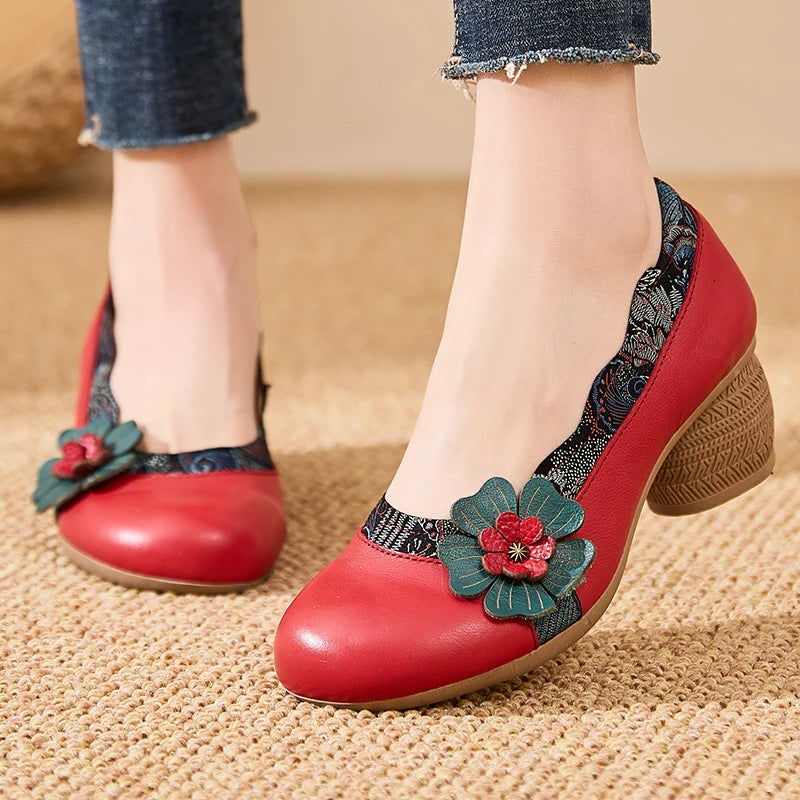 Spring Flower Genuine Cow Leather Shoes | Women Shoes Elegant Fashion Shoes
| Woman Retro Handmade Shoes High Heels