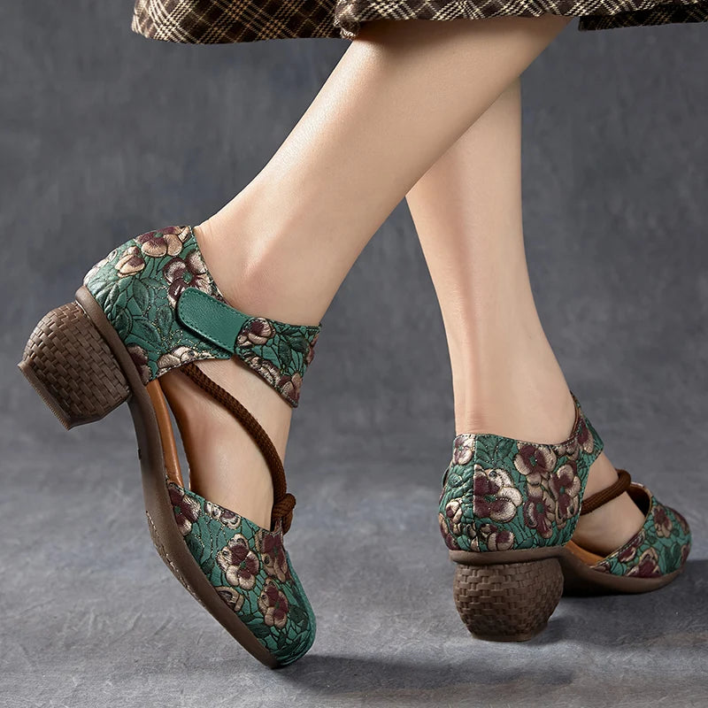 New Women Sandals | Genuine Leather Print | Thick Heels Sandals Retro Style Round Toe | Casual High Heel Shoes