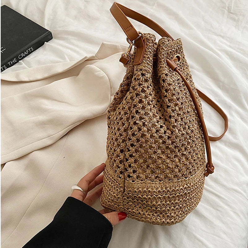 Woven Straw Bag Ladies Bucket Crossbody Bag | Summer Beach Bag Retro Travel Shoulder Bags | Small Travel Purse and Handbag For Women |