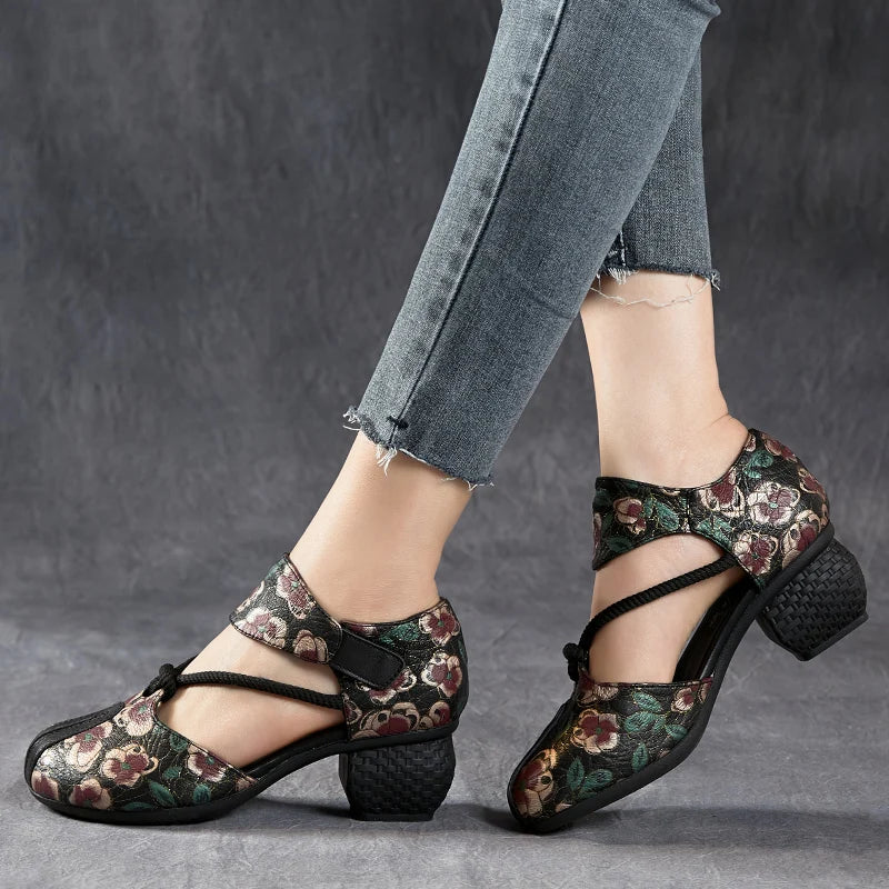 New Women Sandals | Genuine Leather Print | Thick Heels Sandals Retro Style Round Toe | Casual High Heel Shoes