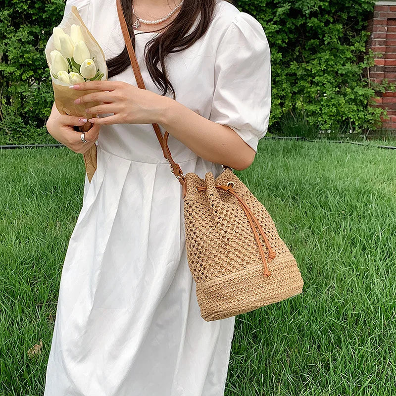 Woven Straw Bag Ladies Bucket Crossbody Bag | Summer Beach Bag Retro Travel Shoulder Bags | Small Travel Purse and Handbag For Women |