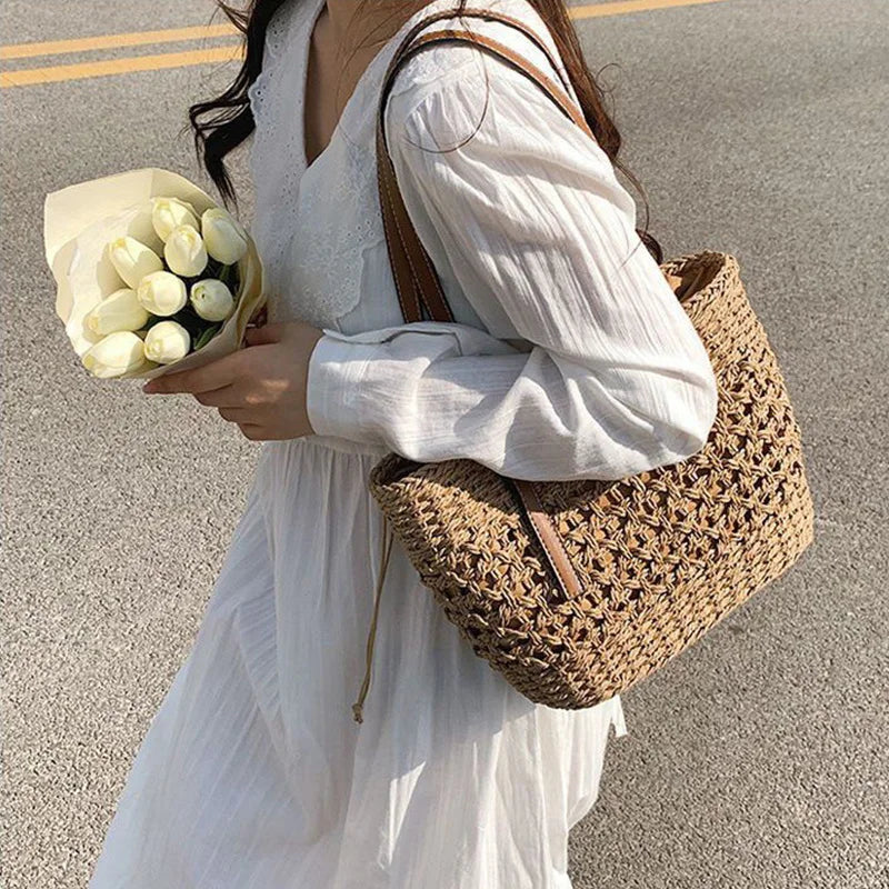 Casual Rattan Large Capacity Shopping Tote | Wicker Woven Women Handbags | Summer Beach Straw Bag | Lady Travel Big Basket