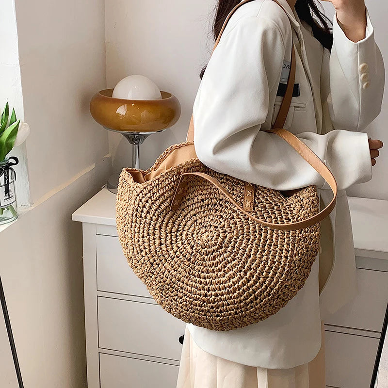 Hollow Woven Straw Bag | Round Shoulder Bag | Large Capacity Simple Round Woven Beach Bag