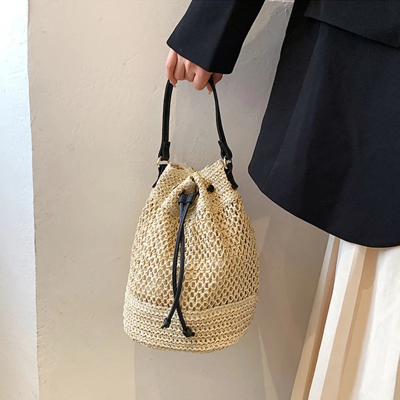 Woven Straw Bag Ladies Bucket Crossbody Bag | Summer Beach Bag Retro Travel Shoulder Bags | Small Travel Purse and Handbag For Women |