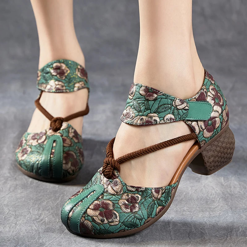 New Women Sandals | Genuine Leather Print | Thick Heels Sandals Retro Style Round Toe | Casual High Heel Shoes