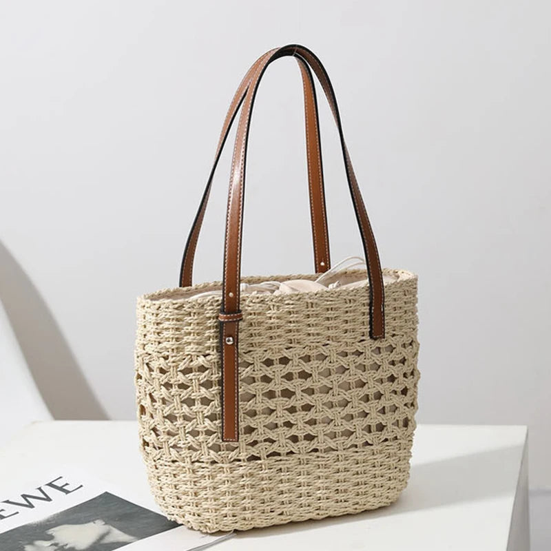 Casual Rattan Large Capacity Shopping Tote | Wicker Woven Women Handbags | Summer Beach Straw Bag | Lady Travel Big Basket