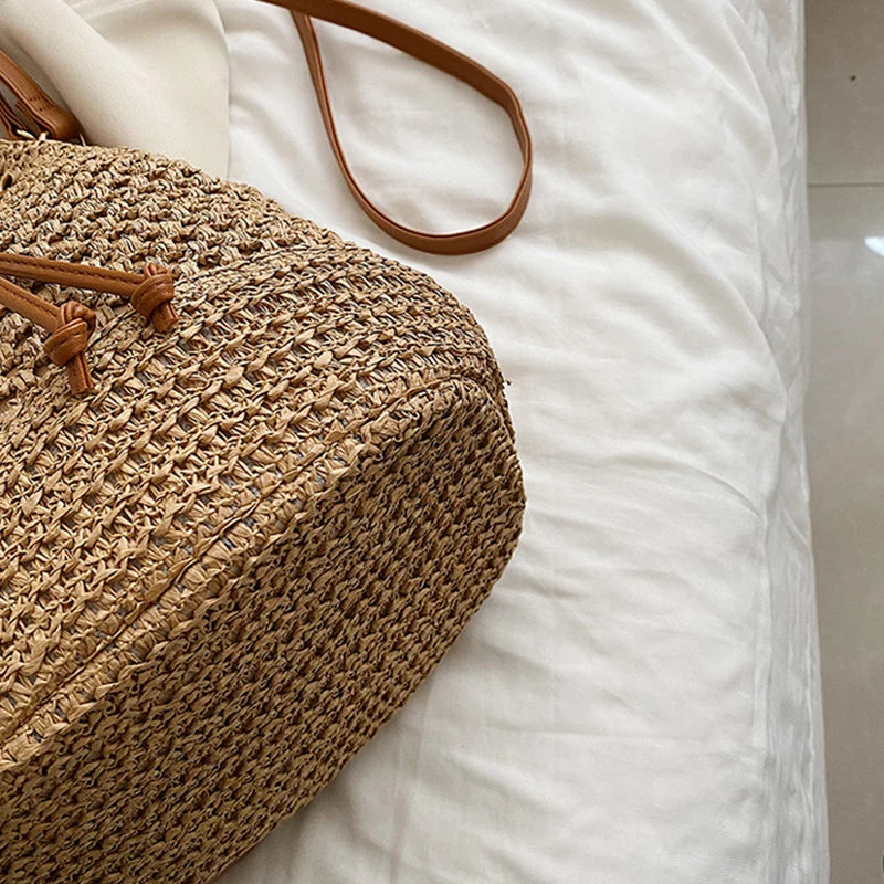 Woven Straw Bag Ladies Bucket Crossbody Bag | Summer Beach Bag Retro Travel Shoulder Bags | Small Travel Purse and Handbag For Women |
