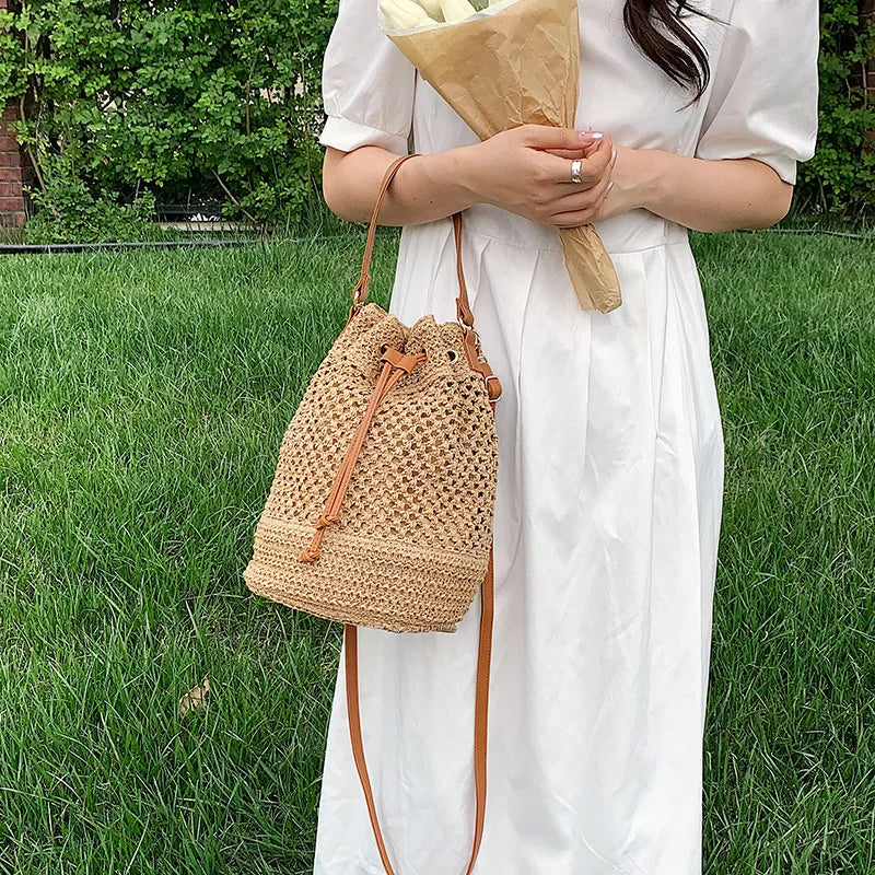 Woven Straw Bag Ladies Bucket Crossbody Bag | Summer Beach Bag Retro Travel Shoulder Bags | Small Travel Purse and Handbag For Women |