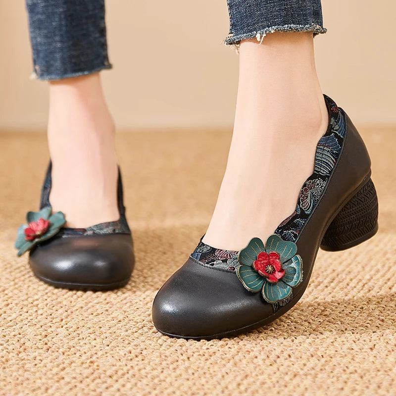 Spring Flower Genuine Cow Leather Shoes | Women Shoes Elegant Fashion Shoes
| Woman Retro Handmade Shoes High Heels