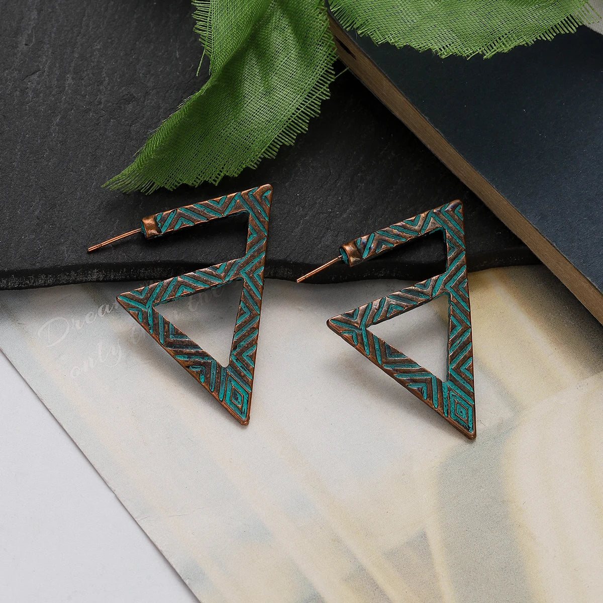 Green Bronze Metal Earrings Hollow Geometry Dangle Earrings for Women Ethnic Vintage Charm Jewelry Brincos Accessories