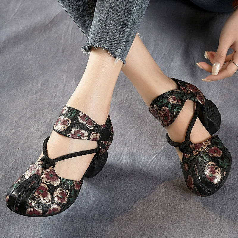 New Women Sandals | Genuine Leather Print | Thick Heels Sandals Retro Style Round Toe | Casual High Heel Shoes