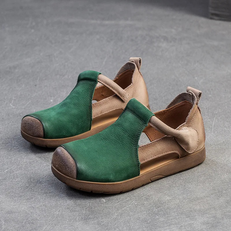 New Genuine Leather Sandals | Round Toe Hollow Retro Style Women's Shoes