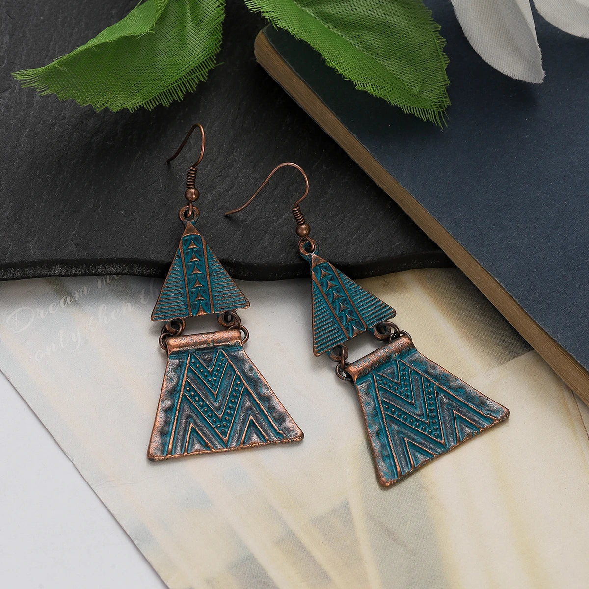 Green Bronze Metal Earrings Hollow Geometry Dangle Earrings for Women Ethnic Vintage Charm Jewelry Brincos Accessories