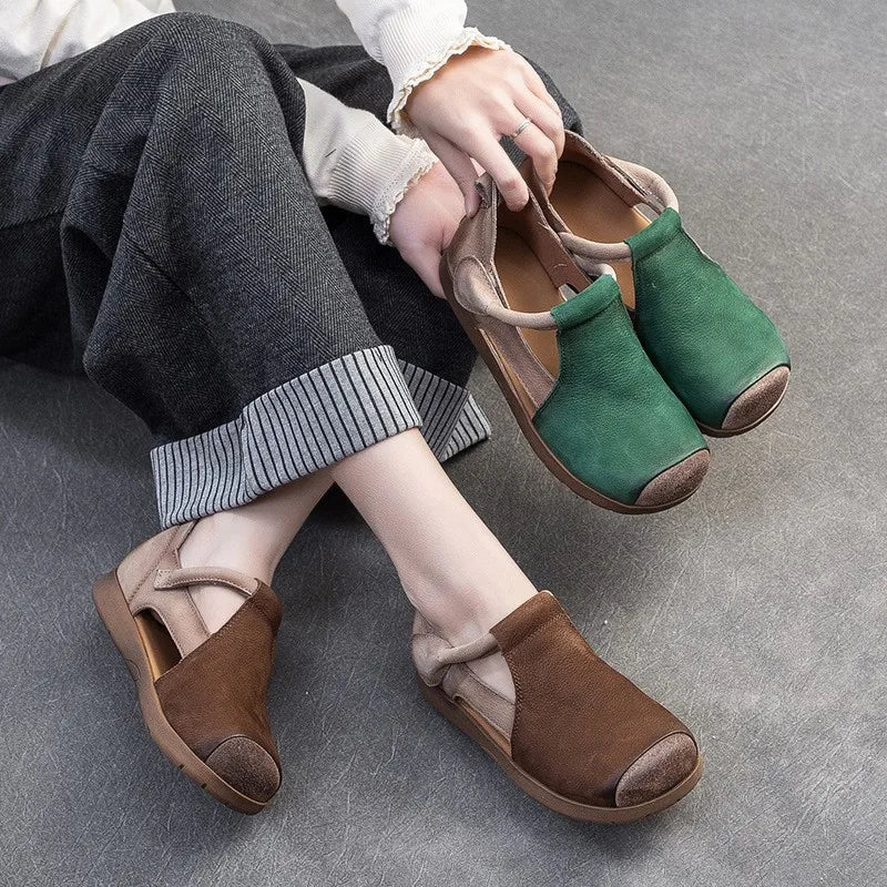 New Genuine Leather Sandals | Round Toe Hollow Retro Style Women's Shoes