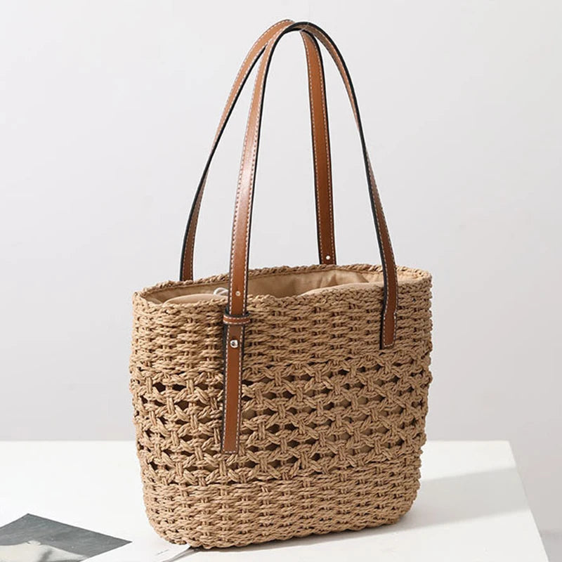 Casual Rattan Large Capacity Shopping Tote | Wicker Woven Women Handbags | Summer Beach Straw Bag | Lady Travel Big Basket