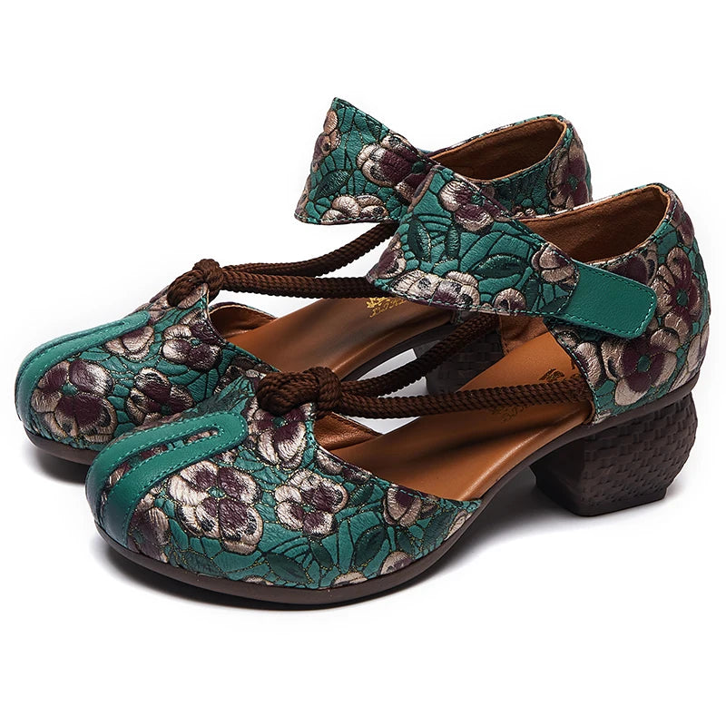 New Women Sandals | Genuine Leather Print | Thick Heels Sandals Retro Style Round Toe | Casual High Heel Shoes