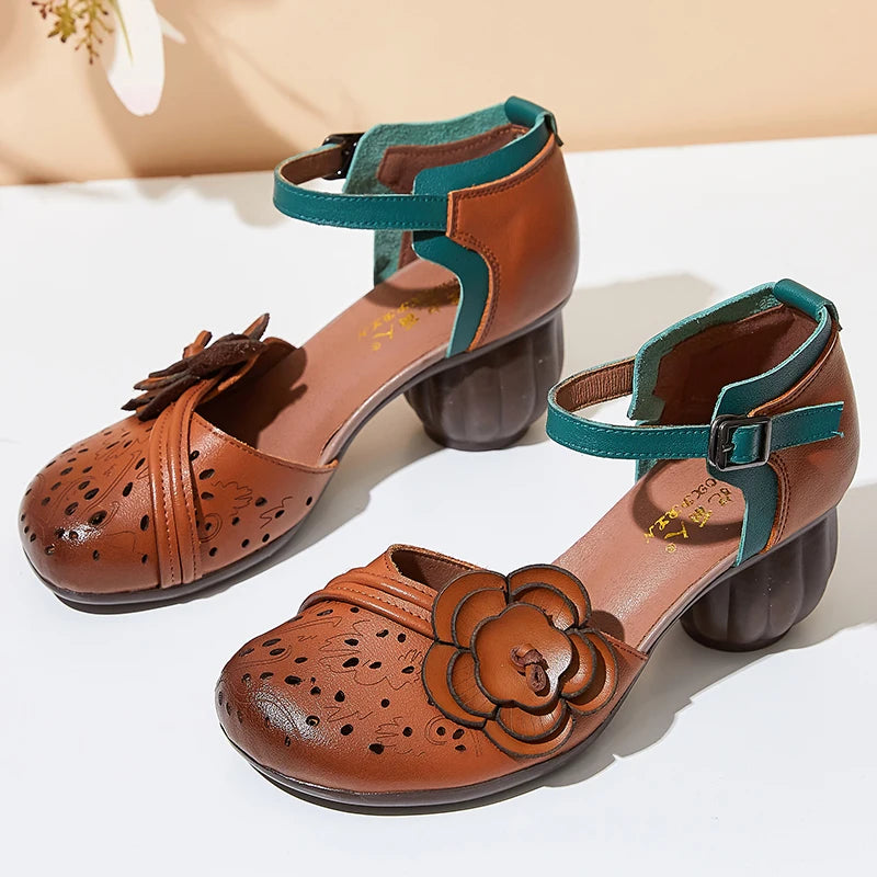 Genuine Leather Shoes | Gladiator Sandals | Women 6cm High Heels | Classic Black Round Toe Flower Ladies Sandals