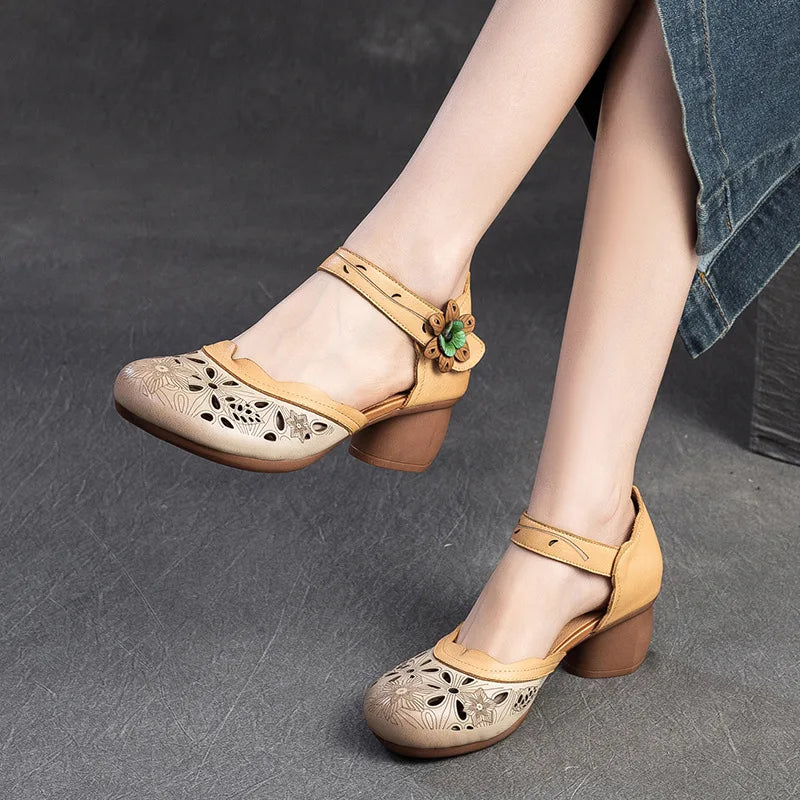 Women Sandals | Genuine Leather Thick Heels Sandals | Retro Style Round Toe Casual High Heel Doll Shoes