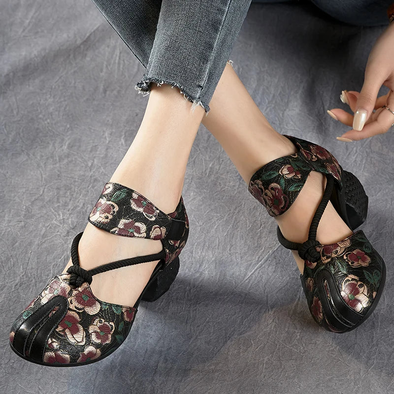 New Women Sandals | Genuine Leather Print | Thick Heels Sandals Retro Style Round Toe | Casual High Heel Shoes