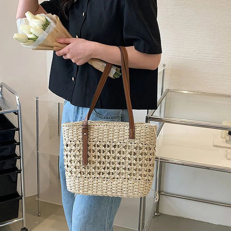 Casual Rattan Large Capacity Shopping Tote | Wicker Woven Women Handbags | Summer Beach Straw Bag | Lady Travel Big Basket