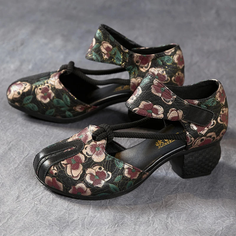 New Women Sandals | Genuine Leather Print | Thick Heels Sandals Retro Style Round Toe | Casual High Heel Shoes