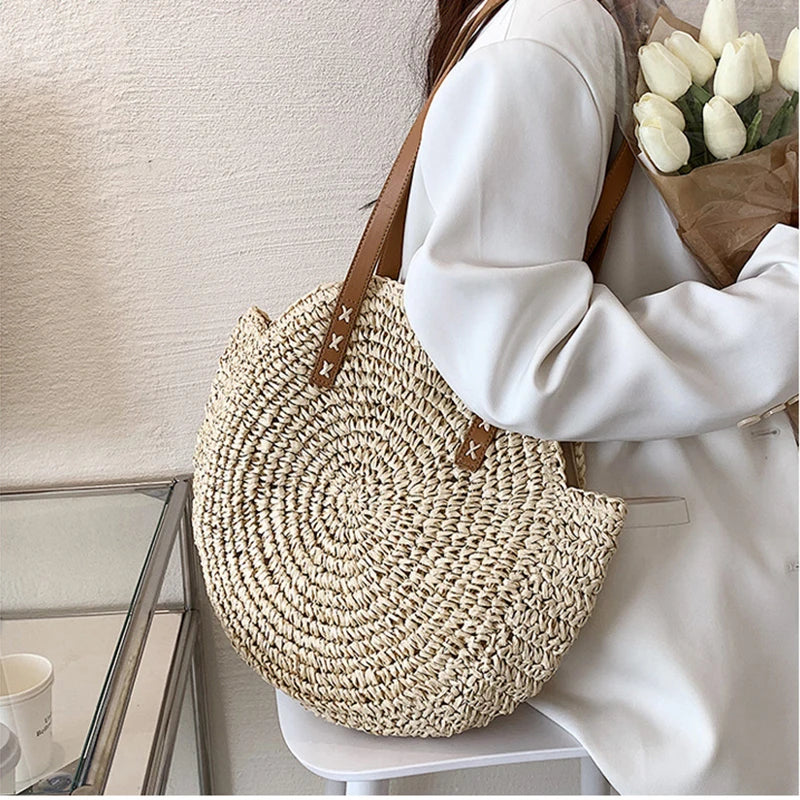 Hollow Woven Straw Bag | Round Shoulder Bag | Large Capacity Simple Round Woven Beach Bag