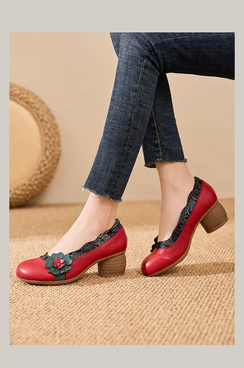 Spring Flower Genuine Cow Leather Shoes | Women Shoes Elegant Fashion Shoes
| Woman Retro Handmade Shoes High Heels