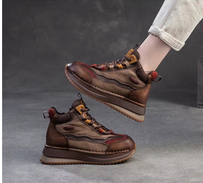 Genuine Leather Women Boots | Lady Platform Wedge Plush | Warm Causal Autumn Winter Fashion | Thick Bottom Sneakers Shoes