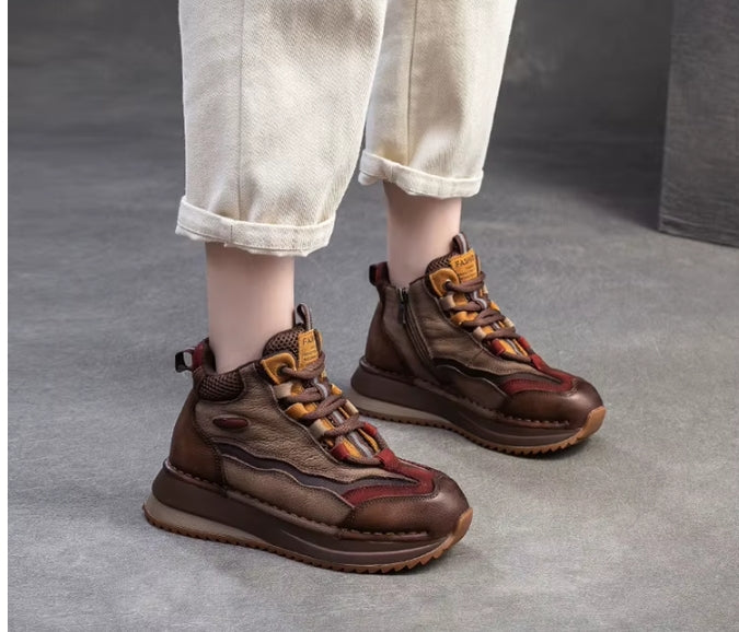 Genuine Leather Women Boots | Lady Platform Wedge Plush | Warm Causal Autumn Winter Fashion | Thick Bottom Sneakers Shoes