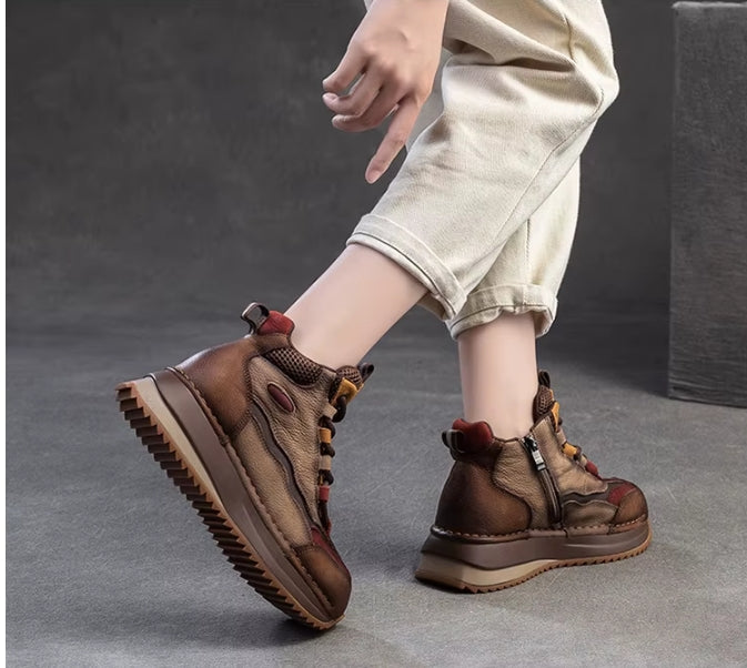 Genuine Leather Women Boots | Lady Platform Wedge Plush | Warm Causal Autumn Winter Fashion | Thick Bottom Sneakers Shoes