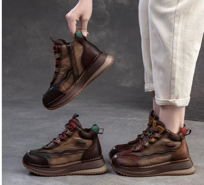 Genuine Leather Women Boots | Lady Platform Wedge Plush | Warm Causal Autumn Winter Fashion | Thick Bottom Sneakers Shoes