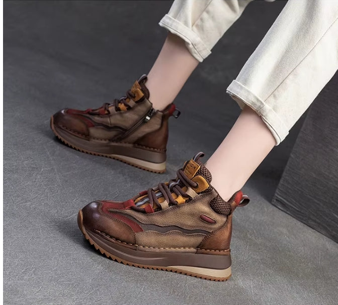 Genuine Leather Women Boots | Lady Platform Wedge Plush | Warm Causal Autumn Winter Fashion | Thick Bottom Sneakers Shoes