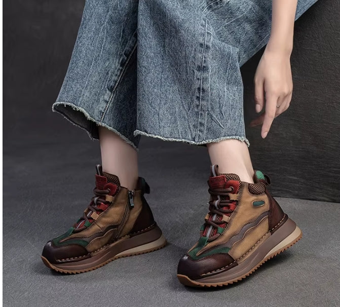 Genuine Leather Women Boots | Lady Platform Wedge Plush | Warm Causal Autumn Winter Fashion | Thick Bottom Sneakers Shoes