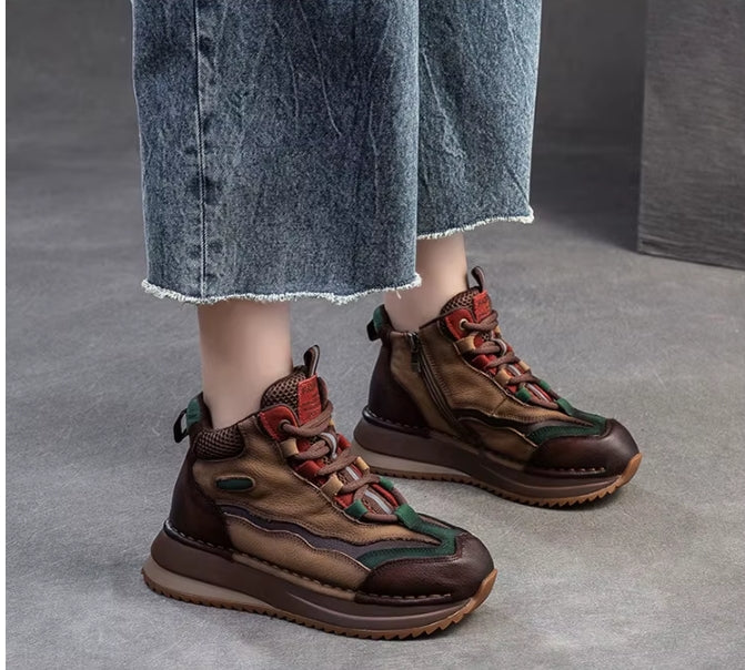 Genuine Leather Women Boots | Lady Platform Wedge Plush | Warm Causal Autumn Winter Fashion | Thick Bottom Sneakers Shoes