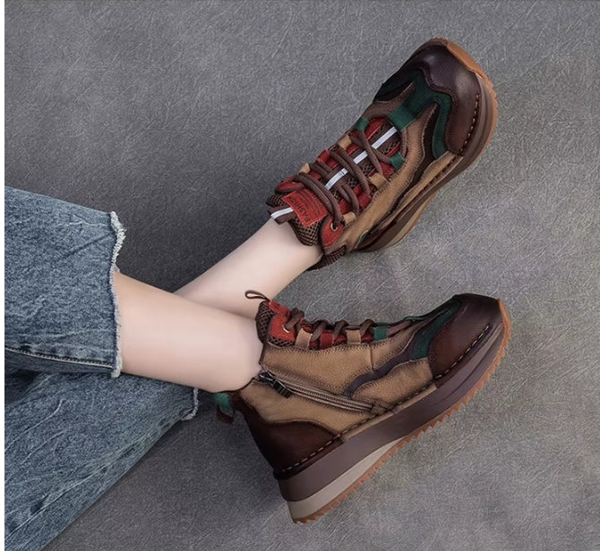 Genuine Leather Women Boots | Lady Platform Wedge Plush | Warm Causal Autumn Winter Fashion | Thick Bottom Sneakers Shoes