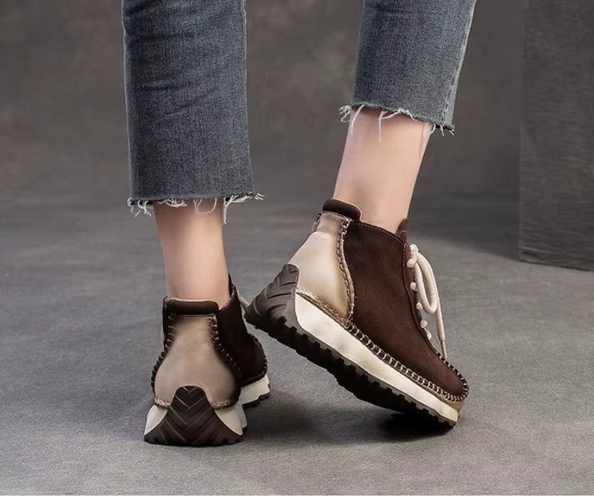 Genuine Leather Sneakers| Women Shoes Lace-up | Platform Flat Handmade Leisure Comfortable Ladies Shoes