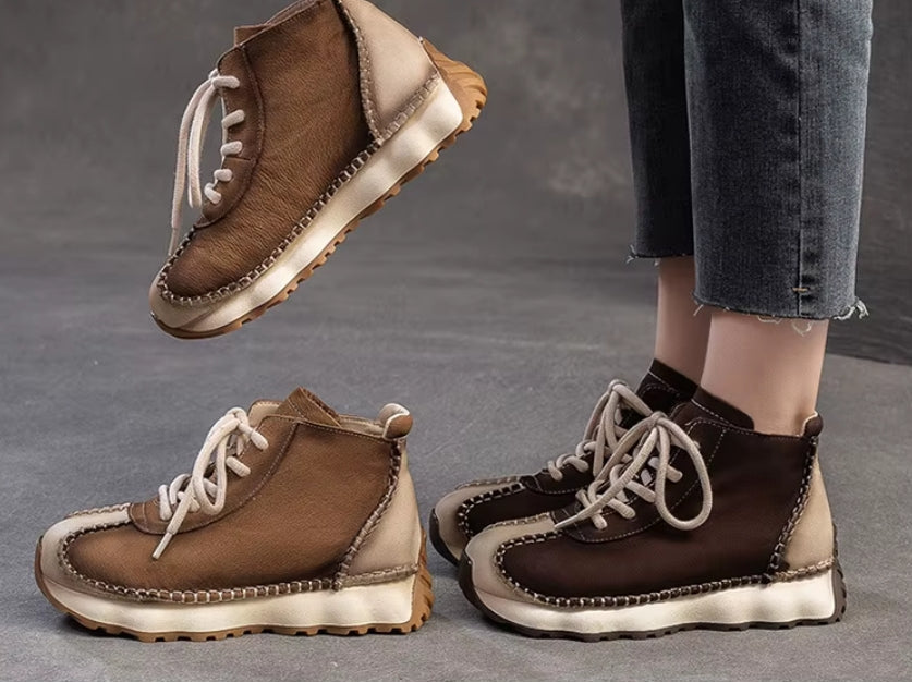 Genuine Leather Sneakers| Women Shoes Lace-up | Platform Flat Handmade Leisure Comfortable Ladies Shoes