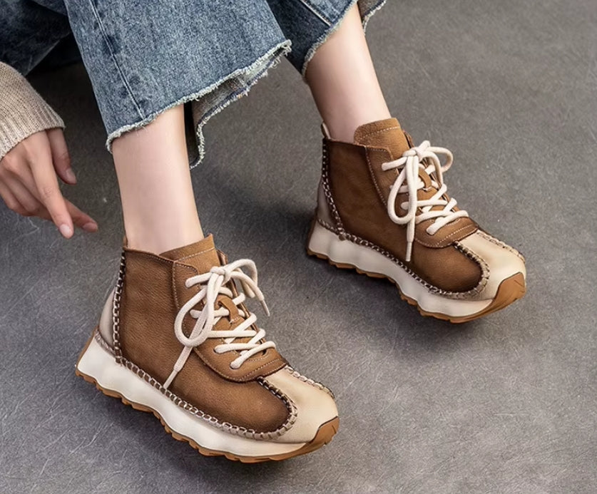 Genuine Leather Sneakers| Women Shoes Lace-up | Platform Flat Handmade Leisure Comfortable Ladies Shoes