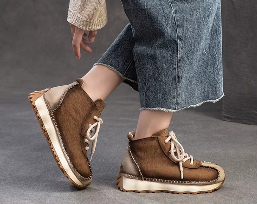 Genuine Leather Sneakers| Women Shoes Lace-up | Platform Flat Handmade Leisure Comfortable Ladies Shoes