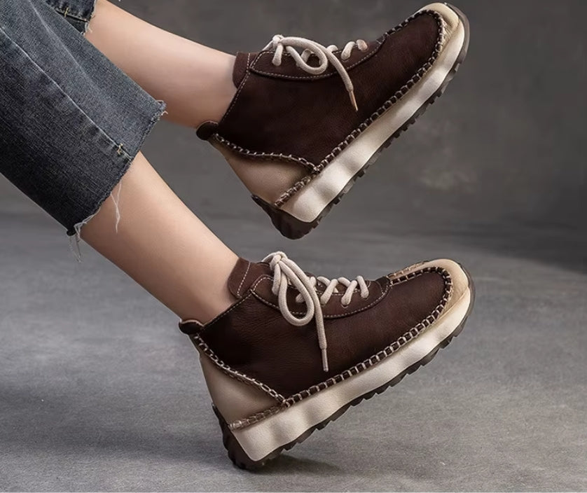 Genuine Leather Sneakers| Women Shoes Lace-up | Platform Flat Handmade Leisure Comfortable Ladies Shoes