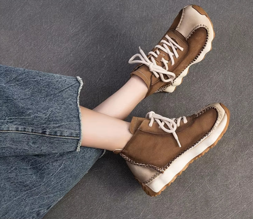 Genuine Leather Sneakers| Women Shoes Lace-up | Platform Flat Handmade Leisure Comfortable Ladies Shoes